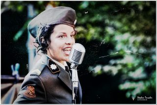 Dieses Foto ist als kostenloser Download (ohne Rand und Signatur) im Originalformat oder als Print zum Kauf/Mieten in meinem Shop auf <a href="https://butlaix.de/produkt/fotografie-vintage-swing-performance-no-4/" target="_blank" rel="noreferrer noopener" >BUTLAIX_media</a> verfügbar. Lächelnde Sängerin in grauer Retro-Militäruniform mit Schirmmütze und Armabzeichen an Vintage-Chromständermikrofon, grünes Blattwerk unscharf im Hintergrund, Kratzer-Effekt.