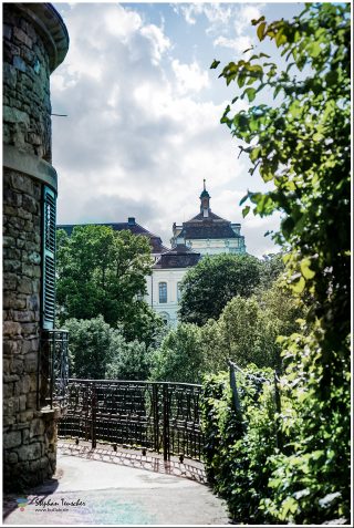 Dieses Foto ist als kostenloser Download (ohne Rand und Signatur) im Originalformat oder als Print zum Kauf/Mieten in meinem Shop auf <a href="https://butlaix.de/produkt/fotografie-bluehendes-barock-no-1/" target="_blank" rel="noreferrer noopener" >BUTLAIX_media</a> verfügbar. Auf dem Foto ist ein historisches Gebäude zu sehen, das sich durch ein markantes Dach und mehrere Schornsteine auszeichnet. Ein Teil des Gebäudes wird von üppigem Grün verdeckt. Links im Bild ist eine Steinmauer zu erkennen, und ein Metallzaun verläuft entlang eines Weges, der zum Gebäude führt. Der Himmel ist teilweise bewölkt, was auf einen angenehmen Tag hindeutet.