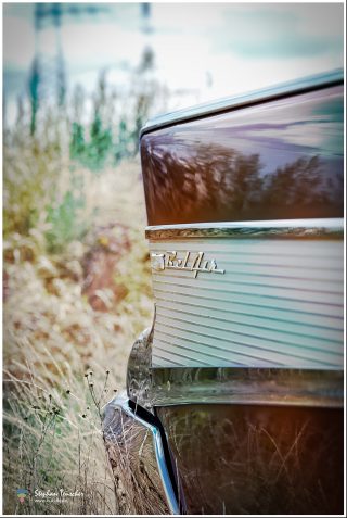 Dieses Foto ist als kostenloser Download (ohne Rand und Signatur) im Originalformat oder als Print zum Kauf/Mieten in meinem Shop auf <a href="https://butlaix.de/produkt/foto-chevrolet-bel-air-no-2-als-poster-leinwand-bild-im-rahmen/" target="_blank" rel="noreferrer noopener" >BUTLAIX_media</a> verfügbar. Heckpartie eines klassischen Chevrolet Bel Air mit markanten Heckflossen und verchromtem Schriftzug, zweifarbig in Braun und Weiß lackiert, umgeben von hohem Gras und Wildblumen.