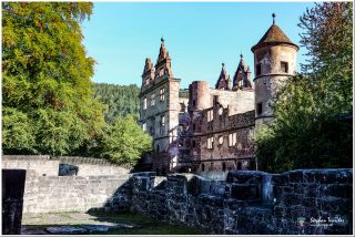 Dieses Foto ist als kostenloser Download (ohne Rand und Signatur) im Originalformat oder als Print zum Kauf/Mieten in meinem Shop auf <a href="https://butlaix.de/produkt/foto-klosteranlage-hirsau-no-11-als-poster-leinwand-bild-im-rahmen/" target="_blank" rel="noreferrer noopener" >BUTLAIX_media</a> verfügbar. Schlossruine mit Renaissancegiebeln und kegelbedachtem Rundturm, umgeben von Mauerresten und Laubbäumen, vor bewaldetem Hügel unter blauem Himmel.