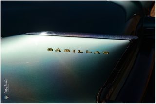 Detailaufnahme eines mintgrünen Vintage-Cadillac mit goldenen Buchstaben "CADILLAC" auf der hinteren Karosserie. Chromleiste oberhalb des Schriftzugs, dunkler Hintergrund betont den metallischen Glanz des Lacks.